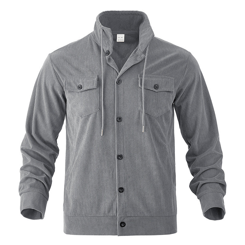 Men's cord jacket with stand-up collar, drawstring, continuous button placket, and applied chest flaps Mune Fashion