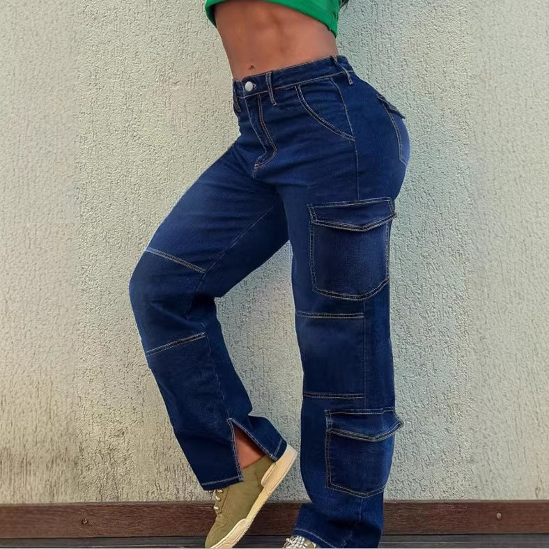 Women’s Utility Cargo Denim Pants with Low Rise, Panel Seams and Functional Pockets Mune Fashion