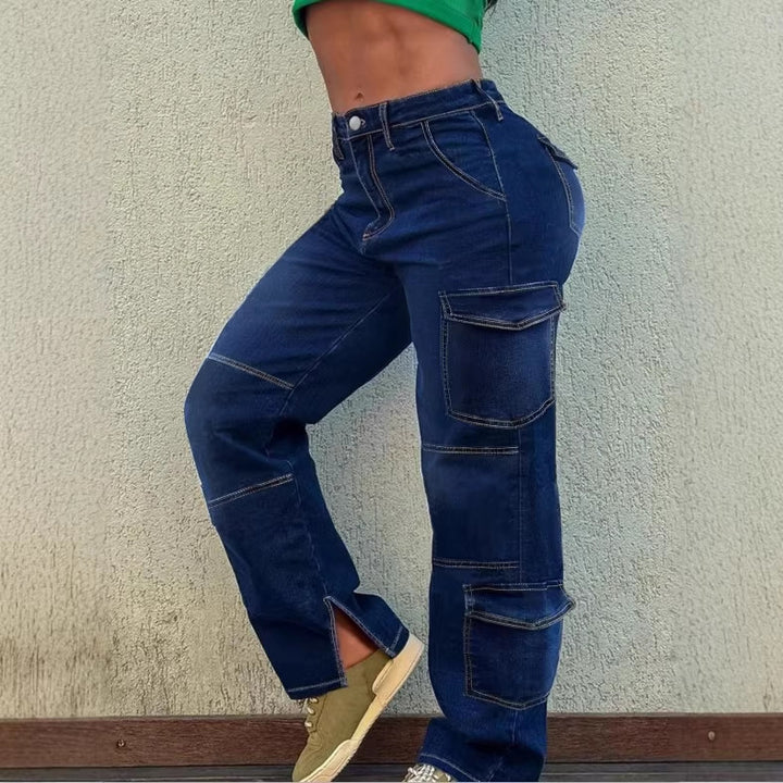 Women’s Utility Cargo Denim Pants with Low Rise, Panel Seams and Functional Pockets Mune Fashion