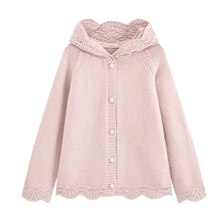Women's fine knit cardigan with hood, button placket and crocheted trim Mune Fashion