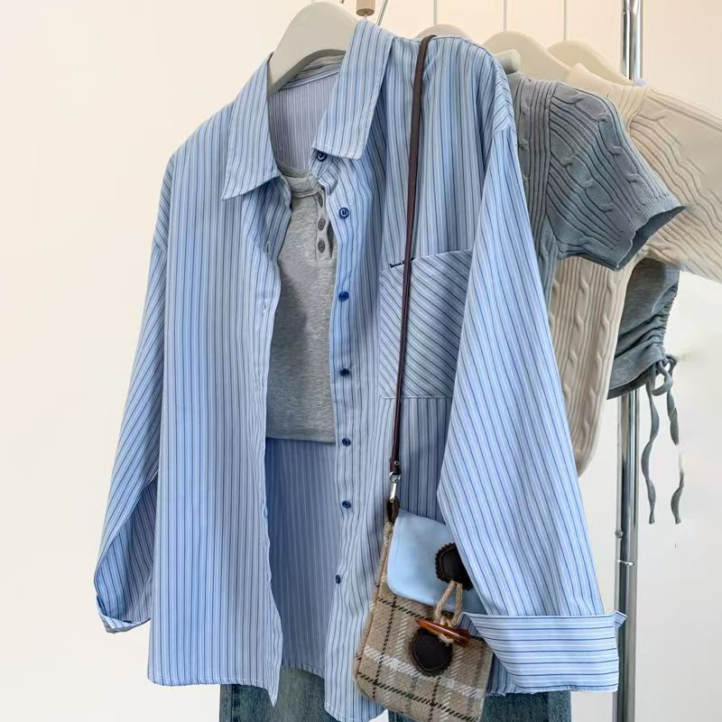 Women’s loosely cut shirt blouse made of cotton blend with breast pocket boxy fit Mune Fashion