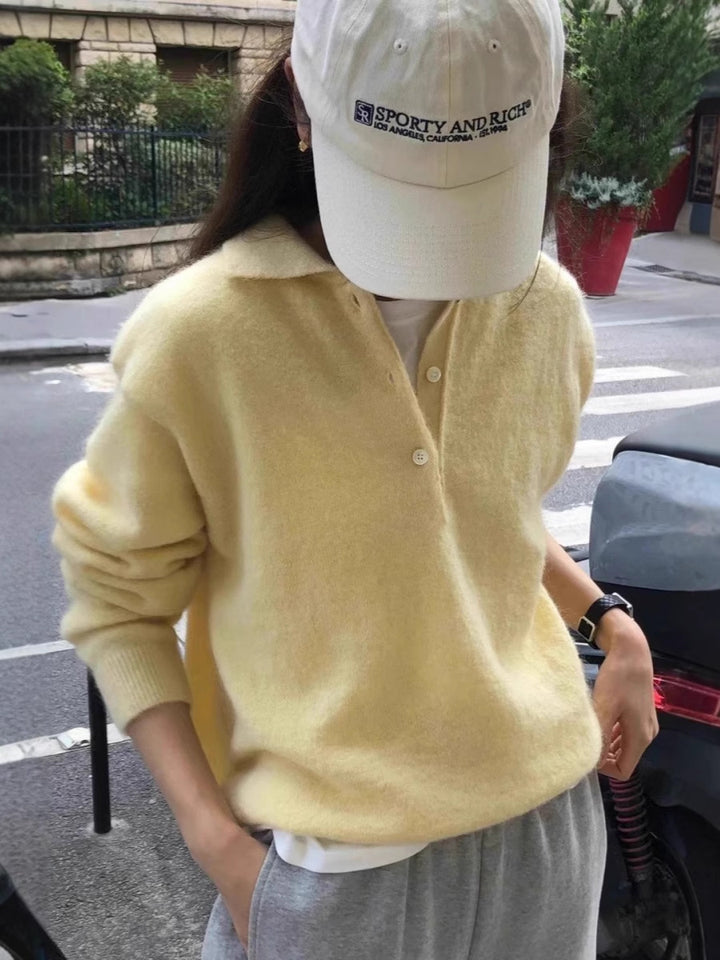 Women's Soft Hoodie in Mohair Look with Deep V-Neck and Half Button Placket Mune Fashion