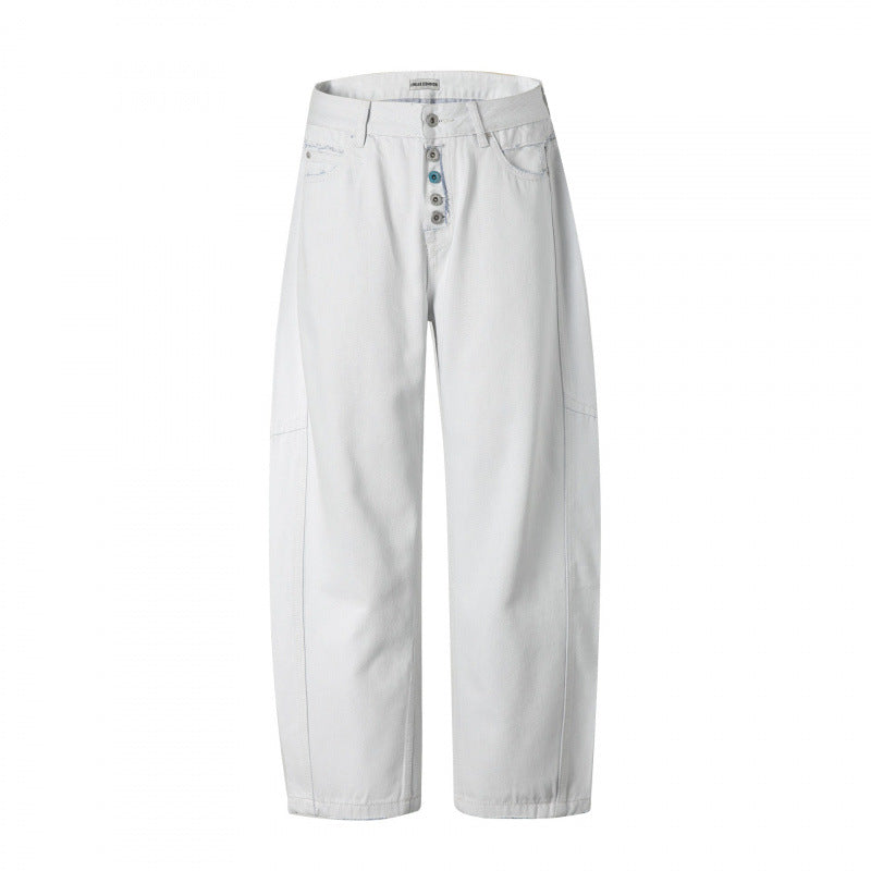 Women's Wide High-Waist Cropped Jeans with Visible Button Placket, Raw Hem and Utility Seams Mune Fashion
