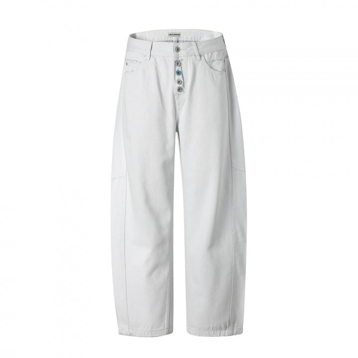 Women's Wide High-Waist Cropped Jeans with Visible Button Placket, Raw Hem and Utility Seams Mune Fashion