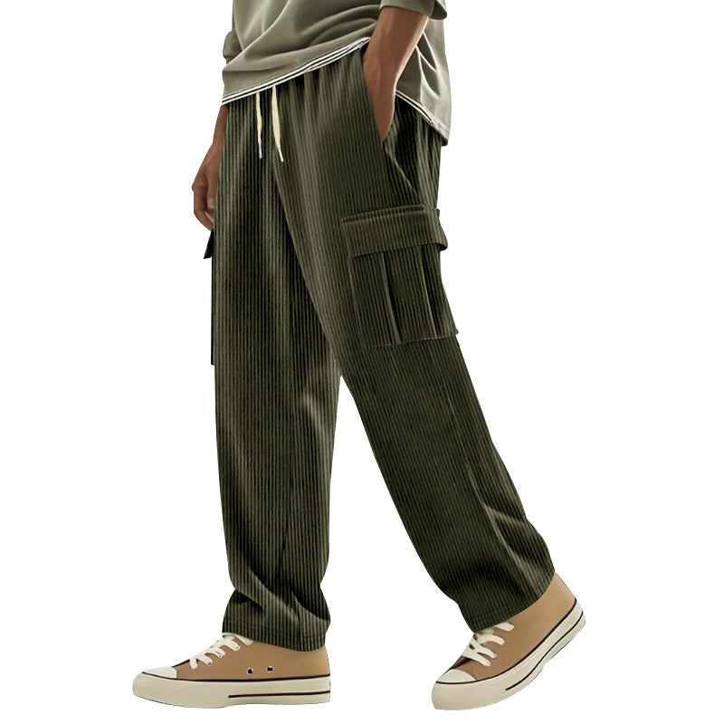 Men's corduroy cargo pants with wide leg, drawstring waistband, and patch cargo pockets