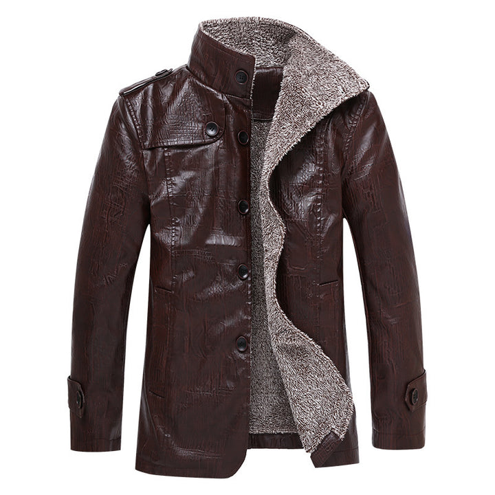 Men's Textured Faux Leather Midlayer Jacket with Teddy Fleece Lining, Stand Collar and Shoulder Patches Mune Fashion