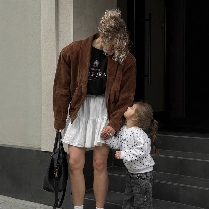 Women's Short Suede Boxy Jacket with Kimono-like Lapel Mune Fashion