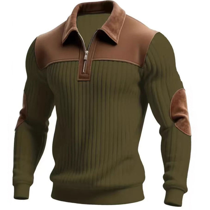 Men's ribbed half-zip pullover with contrasting leather appliqués on shoulders and elbows Mune Fashion