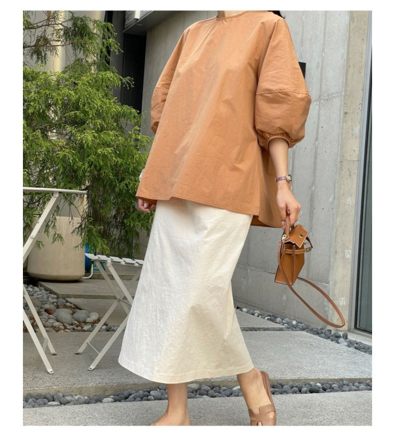 Women's Loose Cotton Blouse with 3/4 Balloon Sleeves and Rounded Hem Mune Fashion