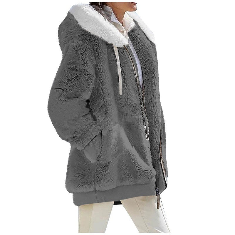 Ladies Cozy Teddy Hoodie Jacket with Contrast Trim, Zipper and Insert Pockets Mune Fashion
