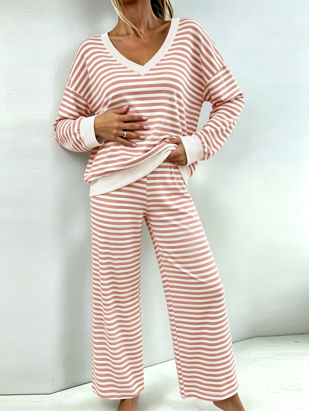 Women's Striped Lounge Set with V-Neck, Oversized Sweater and Palazzo Pants Mune Fashion