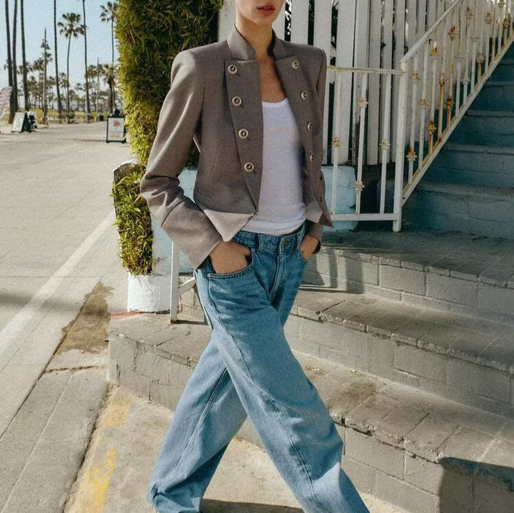 Women's Tailored Cropped Blazer with Stand Collar and Decorative Button Placket Mune Fashion