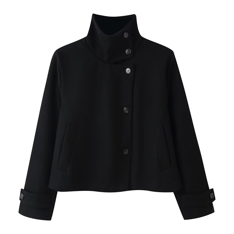 Women short boxy wool jacket with stand-up collar and cuffs Mune Fashion