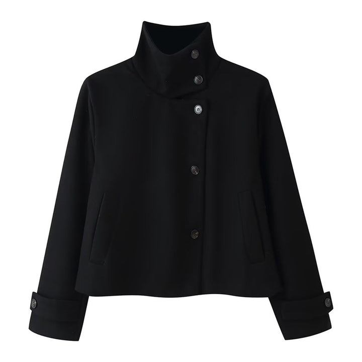 Women short boxy wool jacket with stand-up collar and cuffs Mune Fashion
