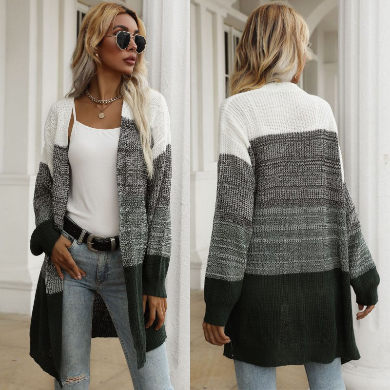 Women Longline Cardigan chunky knit with Colorblock and open front Mune Fashion