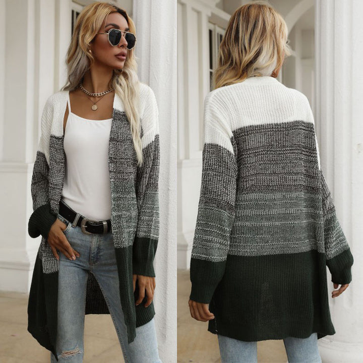 Women Longline Cardigan chunky knit with Colorblock and open front Mune Fashion