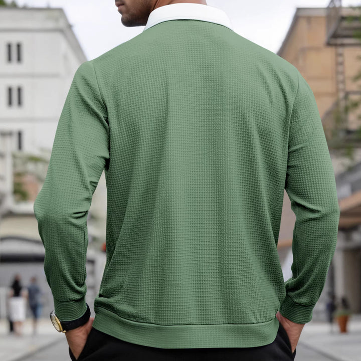 Men's Elegant Waffle Structure Polo Shirt with Half Zip and Contrast Collar Mune Fashion