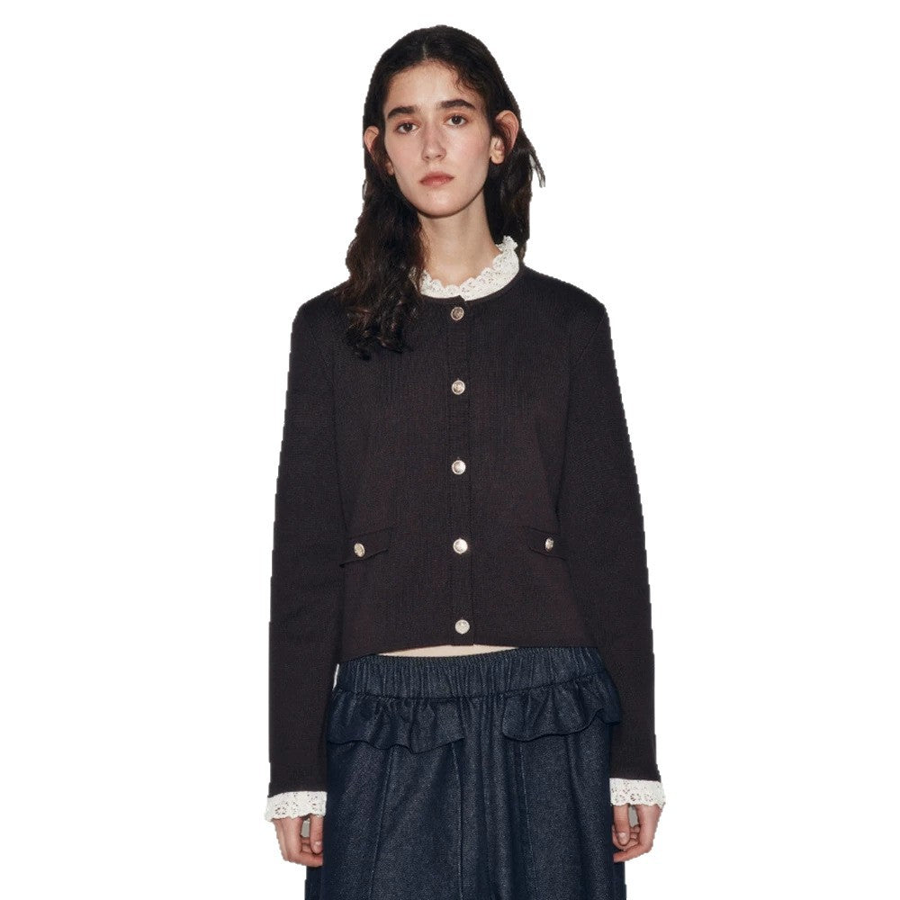 Women's Short Cut Fine Knit Cardigan with Round Neck, Decorative Buttons and Flap Pockets Mune Fashion