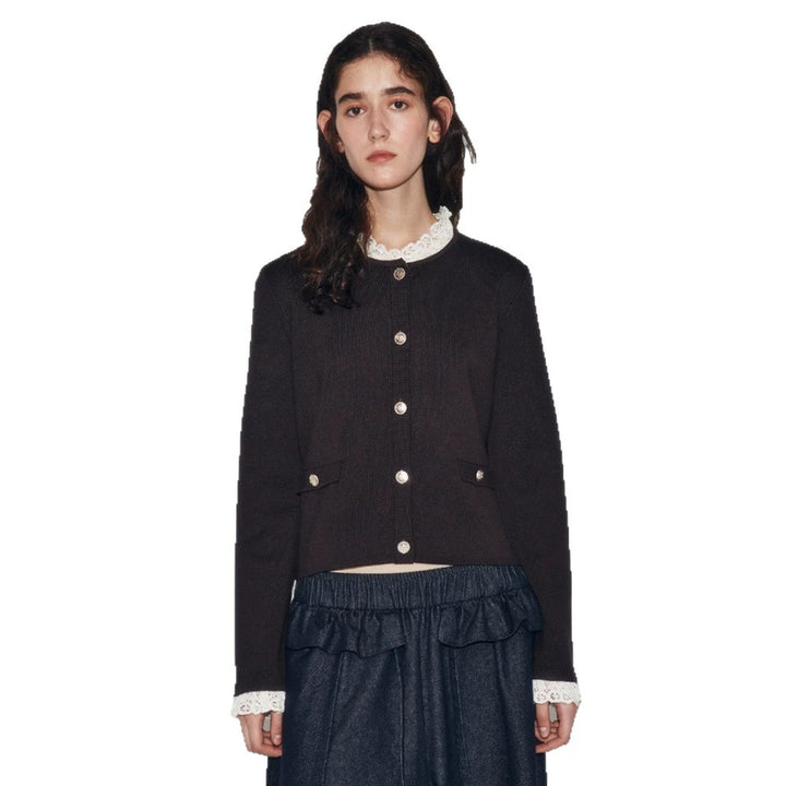Women's Short Cut Fine Knit Cardigan with Round Neck, Decorative Buttons and Flap Pockets Mune Fashion