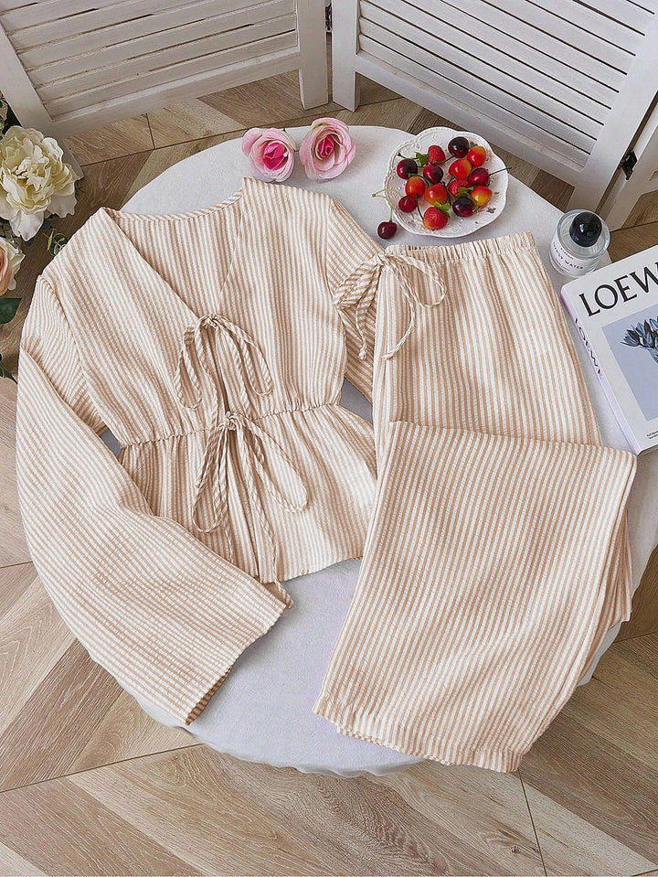 Women's non-striped linen-like homewear set with gathered drawstring top and elastic waistband pants Mune Fashion