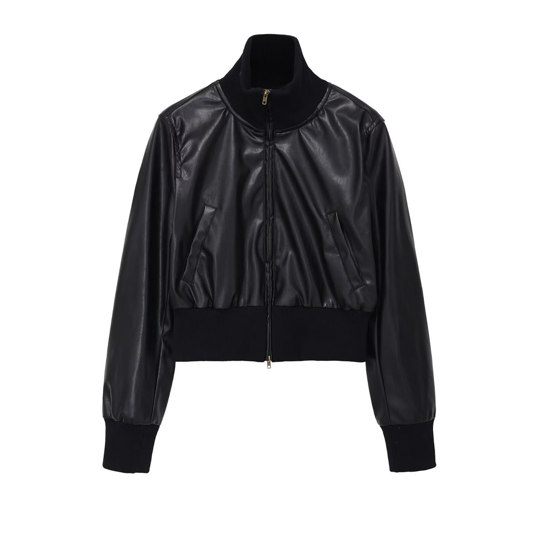 Women's short jacket in leather look with high structured collar and fitted ribbed waistband Mune Fashion