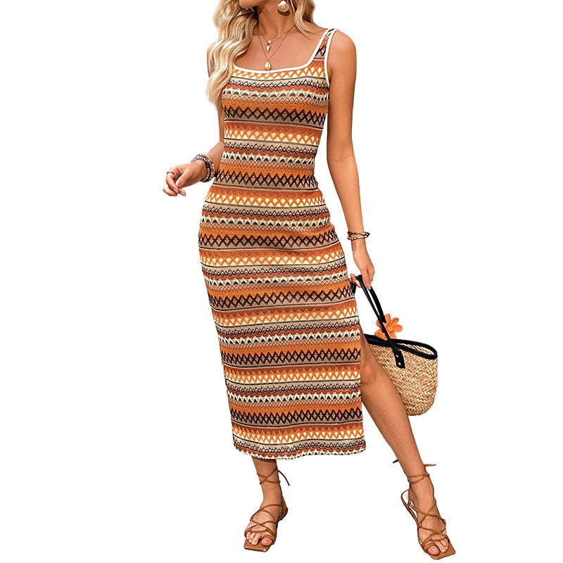 Women's figure-hugging knit midi dress with spaghetti straps, jacquard pattern and side slit Mune Fashion
