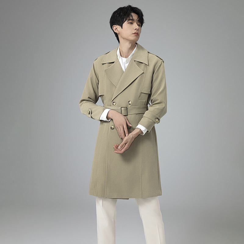 Men's Double-Breasted Trench Coat with Waist Belt and Classic Lapel Mune Fashion