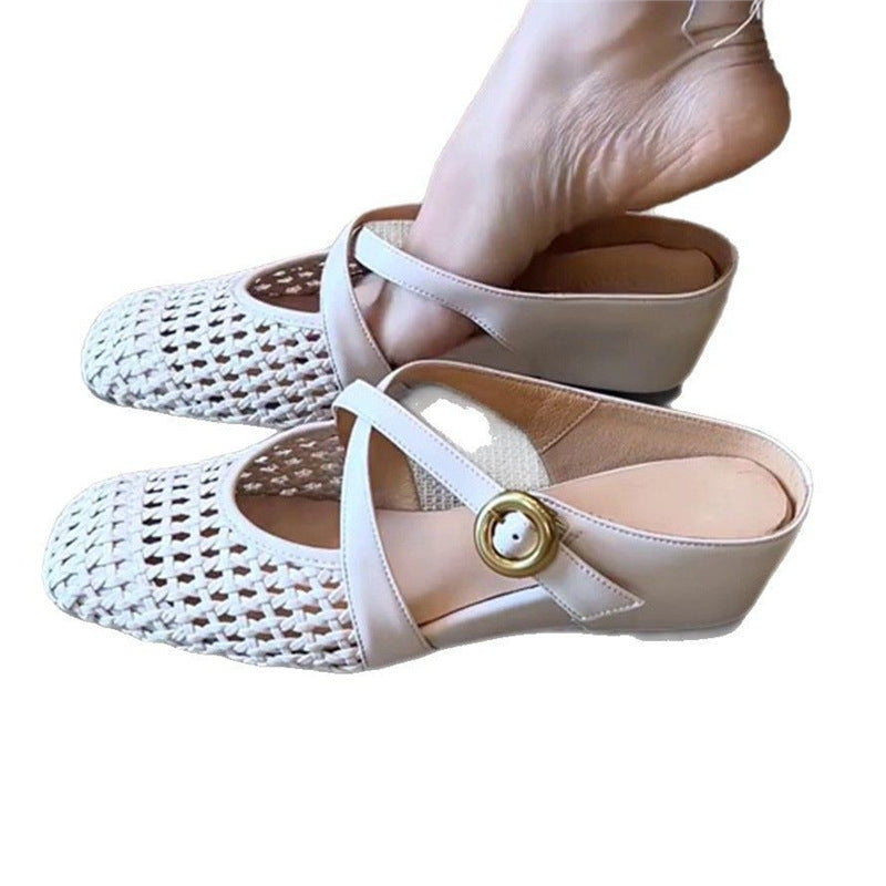 Women's Braided Mule Ballet Flats with T-Strap and Decorative Rose Appliqué Mune Fashion
