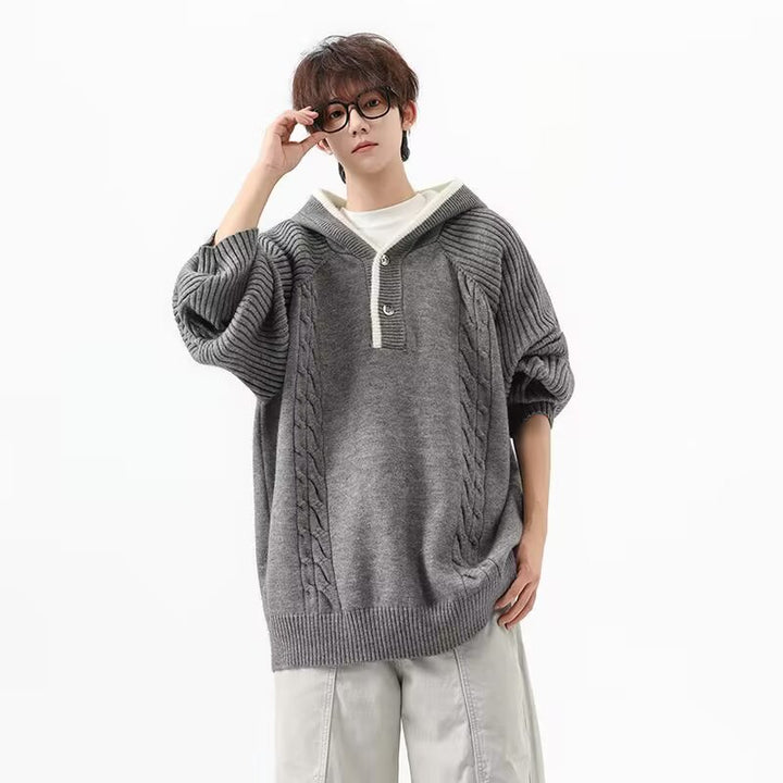 Men's chunky knit pullover with hood and button placket Mune Fashion