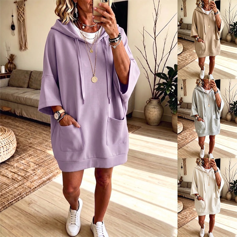 Women's Oversize Hoodie Dress with Kangaroo Pockets and Half-Length Sleeves Mune Fashion