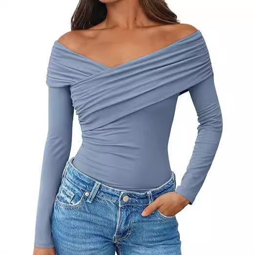 Women Off-Shoulder Long Sleeve Top with Wrap Look and Figure-Hugging Stretch Jersey