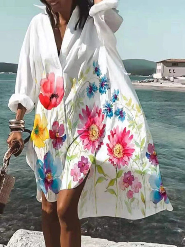 Women's airy beach dress kaftan with tropical leaf print and wide cut Mune Fashion