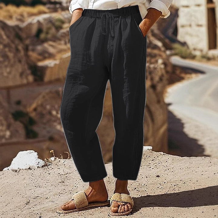 Women's Casual Chino Linen Look Culotte with Elastic Drawstring Waist and Side Pockets Mune Fashion