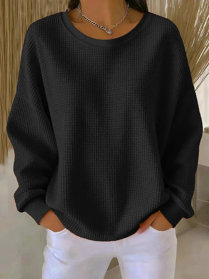 Women’s Oversize Waffle Knit Sweatshirt with Round Neck Mune Fashion