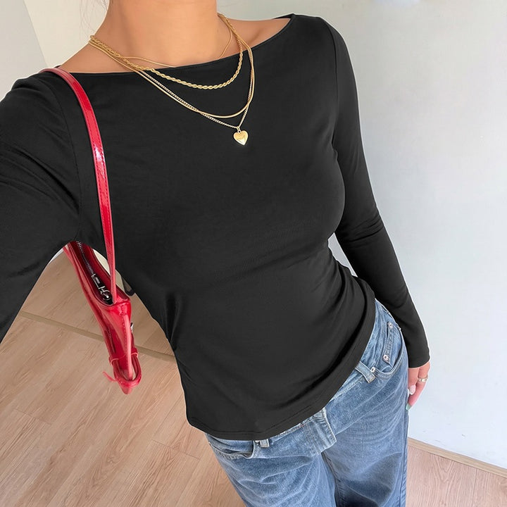 Women's Basic Long Sleeve Shirt with Round Neckline Mune Fashion