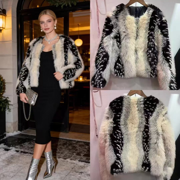 Women's cropped faux fur jacket with contrasting vertical trims and round neck Mune Fashion