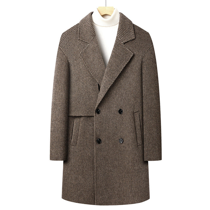 Men's Long Double-Breasted Wool Blend Coat with Textured Lapel Mune Fashion