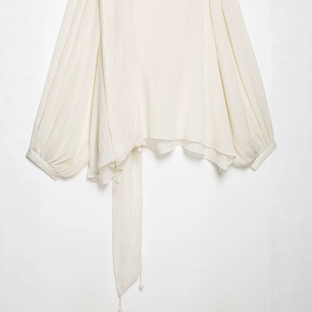 Women Pleated Oversized Blouse with Funnel Neck and Decorative Tied Scarf Mune Fashion