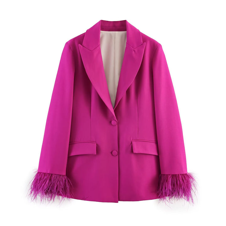 Women Two-Piece Pants Suit with Feather Trim on Sleeve Edges Mune Fashion