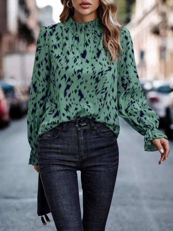 Women's Long Sleeve Chiffon Blouse with Ruffled Stand Collar and Spot Pattern Drune