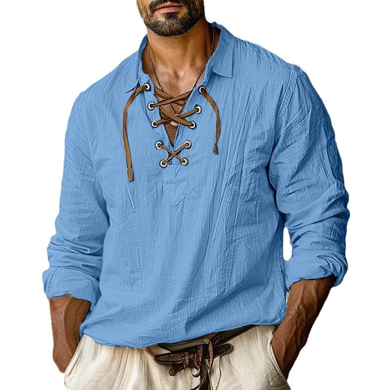 Men's rustic linen long sleeve shirt with V-lacing and textured weave structure Mune Fashion