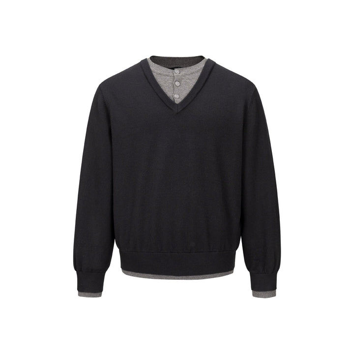 Men's V-Neck Fine Knit Sweater with Integrated Henley Detail and Elastic Waistband Mune Fashion