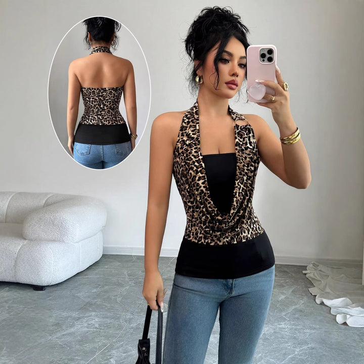 Women's Sleeveless Halter Wrap Top with Draped Front and Metal Ring Mune Fashion