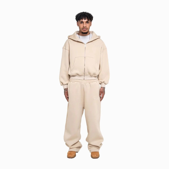 Men's casual zip-up hoodie and palazzo pants set with dropped-shoulder silhouette Mune Fashion