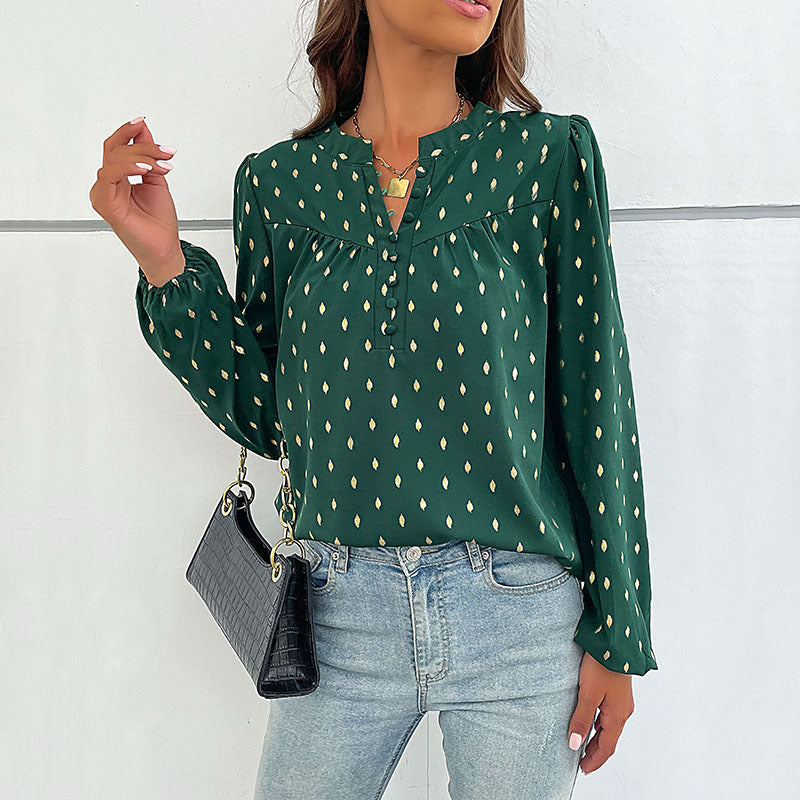Women's Lightweight Viscose Blouse with Stand Collar, Button Placket, and Fine Drop Print Mune Fashion