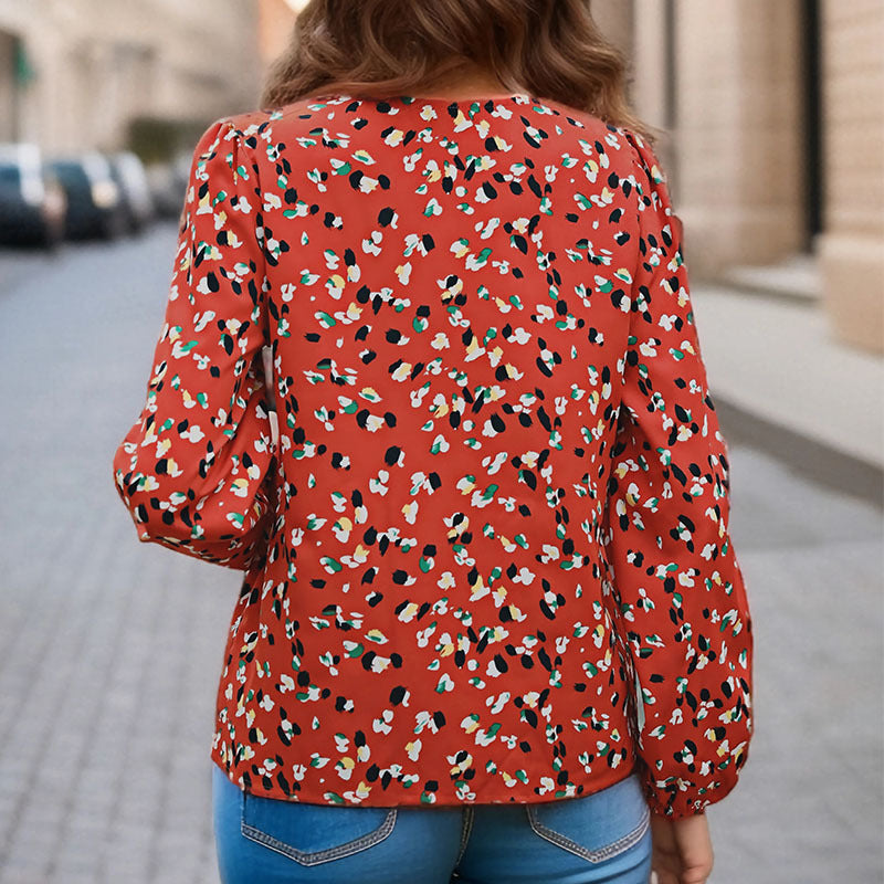 Women's Loose Fit V-Neck Blouse with Contrasting Trim and Allover Print