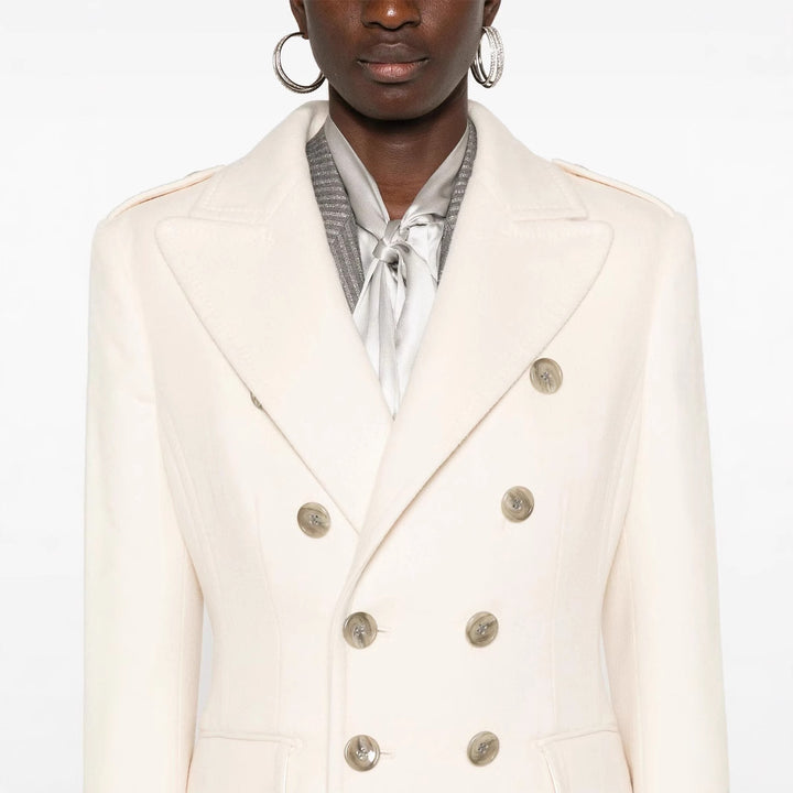 Women Long Double-Breasted Coat made of Wool Blend with High Stand-up Collar and Flap Pockets Mune Fashion