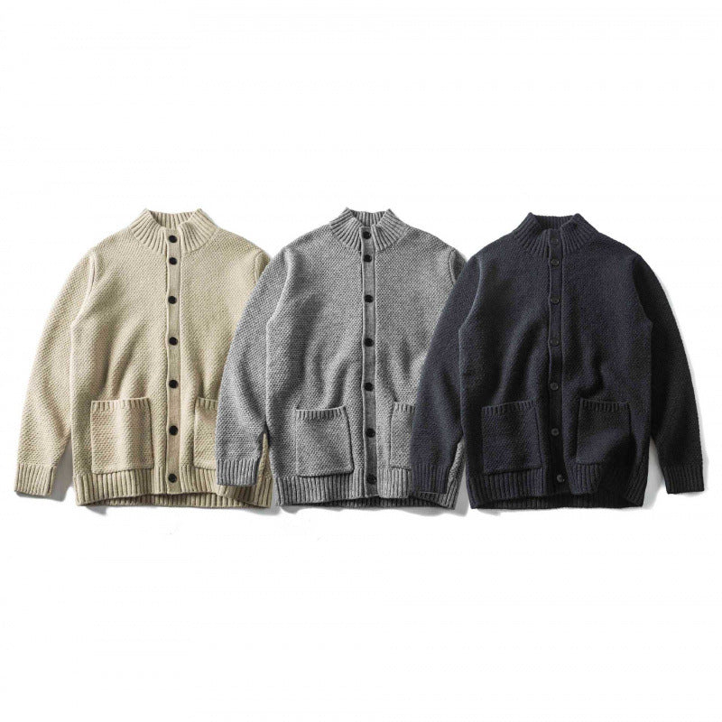 Unisex Structured Button Cardigan with Stand Collar and Patch Pockets Mune Fashion