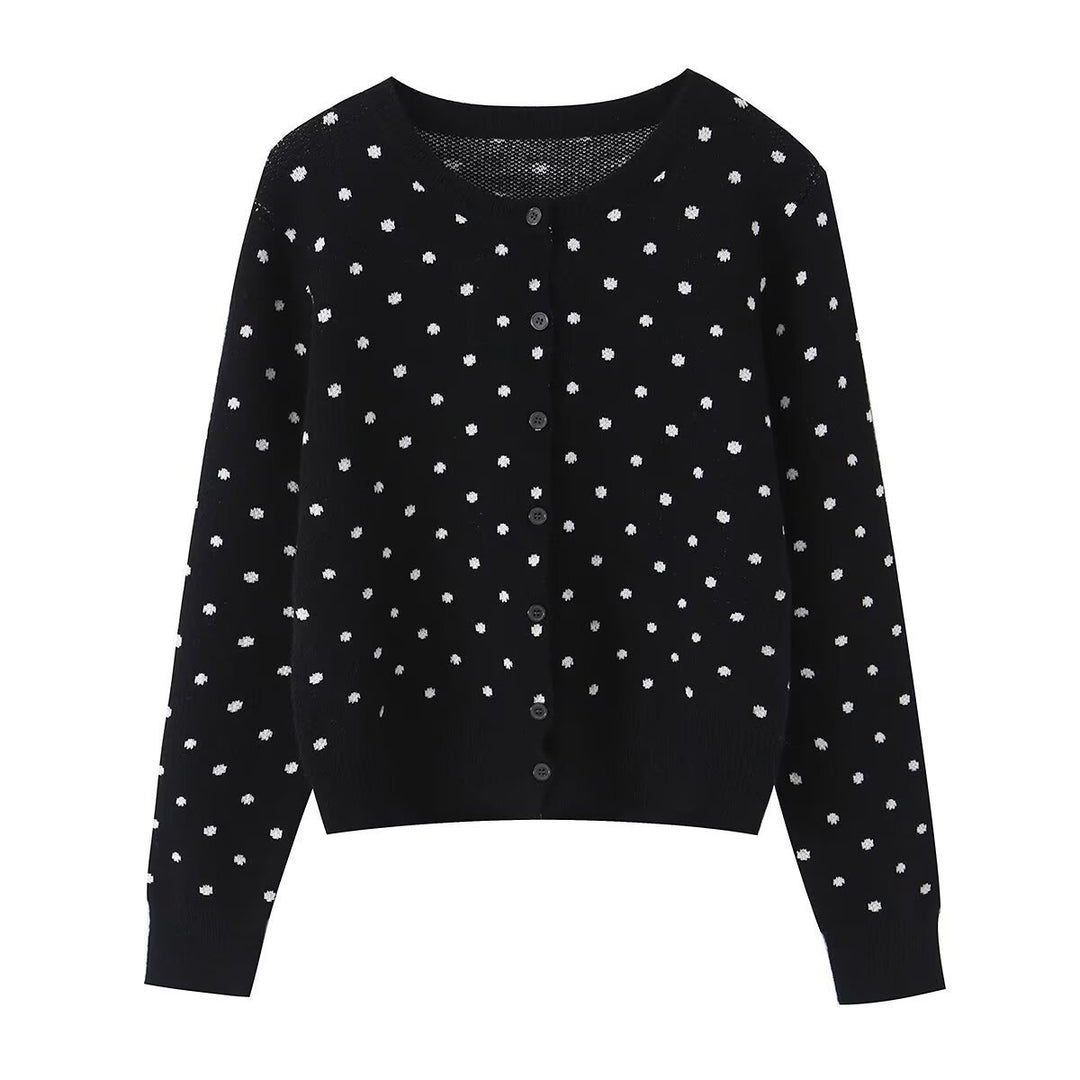 Women short cut fine knitted cardigan with round neckline, button placket and all-over polka dot pattern Mune Fashion