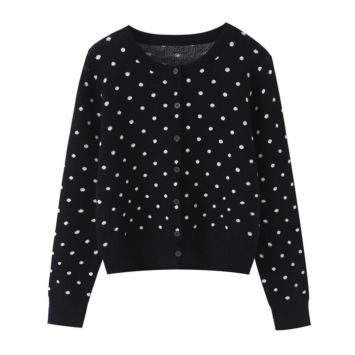 Women short cut fine knitted cardigan with round neckline, button placket and all-over polka dot pattern Mune Fashion